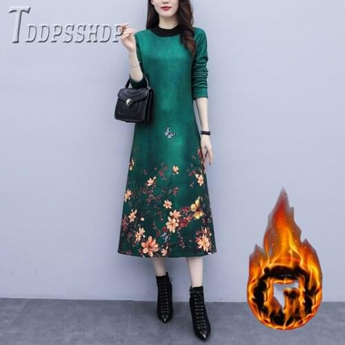 2019 Plus Size Ethnic Flower Women Dress Lining With Fluff Thick Female Dresses