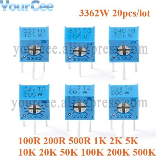 20PCS 3362W 3362 Precision Adjustable Resistor Trimpot Trimmer Potentiometer 100R 200R 500R 1K 2K 5K 10K 20K 100K 200K 500K Ohm