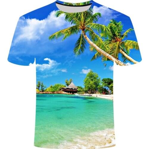 2021 creative 3d digital print sky blue coconut tree beach sea t-shirt summer round neck refreshing unisex t-shirt kids