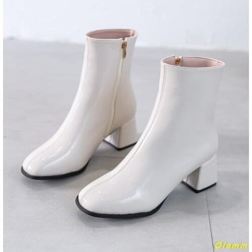 2021 New Ankle Boots Soft Patent Leather Women Boots Thick Highs Ladies Shoes Autumn Winter Zipper Woman Boots Black White