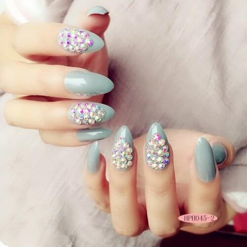 24pcs Light Solid Color Ladies DIY Manicure Tips Full Wrap Fashion Stiletto Press On Nails Pointed Artificial Diamond Decoration