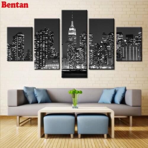 Diy daimond painting 5pcs full square drill Black And White City Night Building landscape diamond art stitch Living room decor
