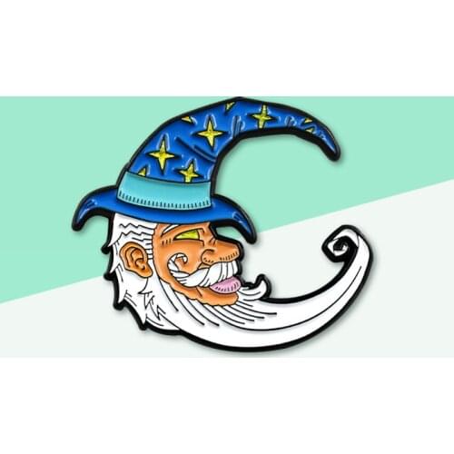 White Long Beard Grandpa Pins Crescent Moon Mystery Magic Night Hat Shine Star Enamel Pin Coat Badge Christmas Child Brooch
