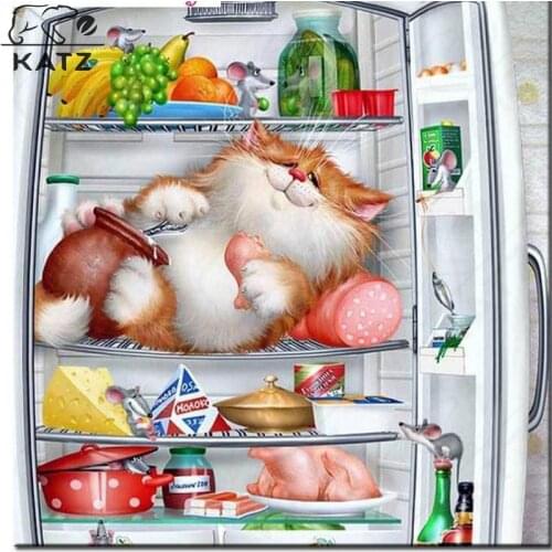 Diy Anime Diamond Painting Picture of a Cat Sleeping In The Refrigerator Handmade Diy Embroidery Cross Stitch Mosaic Decoration
