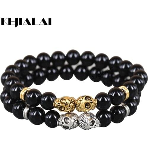 KEJIALAI 1pcs 2018 New Fashion 8mm Beads Bracelet Gold/Silver Color Skull Head Natural Black Stone Mens Beads Bracelet A0299