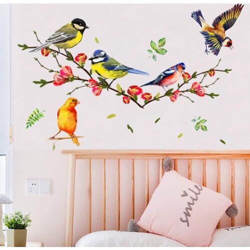 Creative Branch Birds Wall Sticker Flower Wall Decal Home Living Room Bedroom Decor DIY Self-adhesive Room Decoration Aesthetic