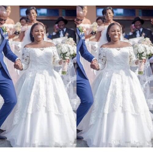 Lace African Black Girls Plus Size A-line Lace Wedding Dresses Beatu Neck Long Sleeves Wedding Dress Bridal Gowns robe de mariée