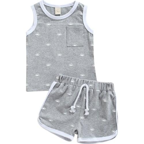 Summer Toddler Summer Outfit, Sun Print O-Neck Tank Tops + Elastic Waist Shorts for Baby Girls, Boys, 0-24 Months