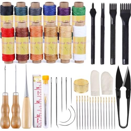 LMDZ 46 Pcs Leather Upholstery Repair Kit, Leather Sewing Kit with 12 Color Waxed Thread, Sewing Needles,Leather Stitching Punch