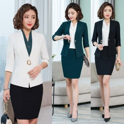 New 2020 White Blazer for Women Skirt Suits Office Ladies Business Work Wear Sets Half Sleeve Jacket Sets