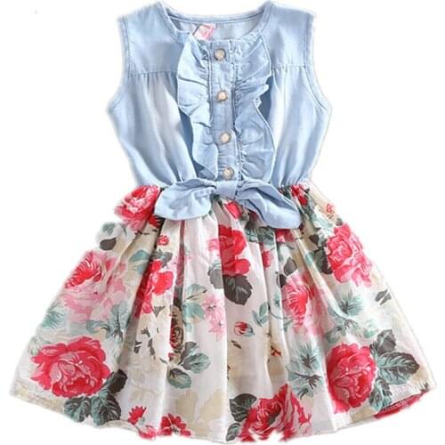 Girls Dress Summer 2015 Girl Flower Dress Baby Sleeveless Dresses Children Denim Dresses Kids Party Princess Clothes