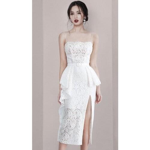 WTIANYUW Runway Dress Summer Women Ruffles Hollow Out Flower Lace Spaghetti Strap Sexy Ladies Sleeveless Strapless Split Dress