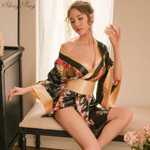 Traditional Brand Women Japanese Kimono Sleepwear Sexy Deep V-neck Kimono Satin Floral Printed Nightwear Short Bath Robe Q649