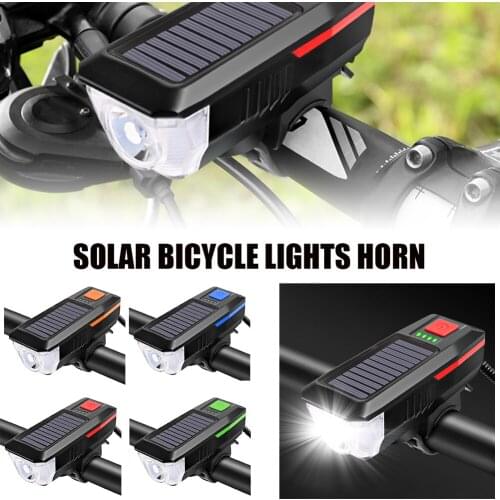 Bicycle Front Light with Horn Solar Powered USB Rechargeable 3 Modes T6 LED Flashlight Safety Warning Horn Bicycle Accessories