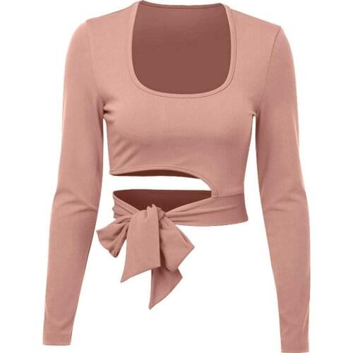 Women Casual Round Neck Long Sleeve T-Shirt Irregular Bandage Crop Top Blouse