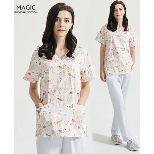 High quality dustproof work clothes women beauty and health pet grooming work uniforms Flamingo printing spa uniform Scrubs top