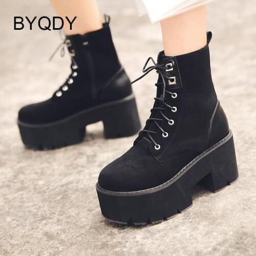 BYQDY 2021 Autumn Winter Ankle Boorts For Women Round Toe Thick Platform Lace-Up Female Flock Short Boots Chunky Heels Shoes