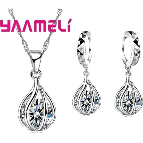 Bright Austrian Crystal Cubic Zirconia Solid 925 Sterling Silver Earrings Pendant Necklace Jewelry Sets For Women Ladies