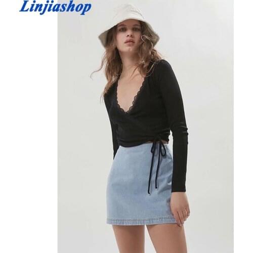 New fall women sexy lace trims knit top long sleeve cross v neck casual black lace up cropped sweater