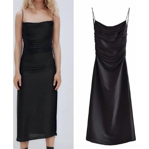 Za 2021 Plaid Dress Women Midi Slip Dress Woman Fashion Knot Strap Backless Summer Long Dresses Ruched Slit Sexy Dresses