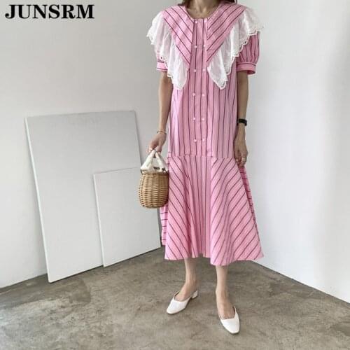 Korean Style Lace Patchwork Women Dress 2020 New Summer Chic All Match Hot Peter Pan Collar Long Dresses Vintage Mermaid Vestido
