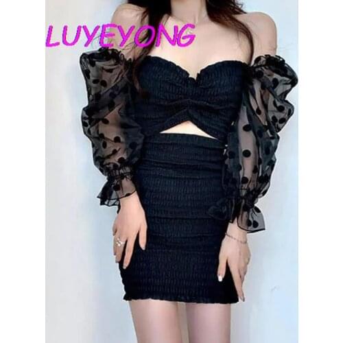 Lady Strapless Lantern Sleeve Mesh Dot Spliced Off Shoulder Dresses Women Stretch Black Gothic Hollow Out Mini Dress 2021 Summer