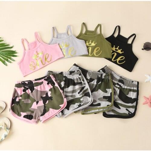 2021-03-13 Lioraitiin 2Pcs Set 0-24M Newborn Infant Baby Girls Clothes Letter Print Sleeveless Cropped Tops Camouflage Shorts