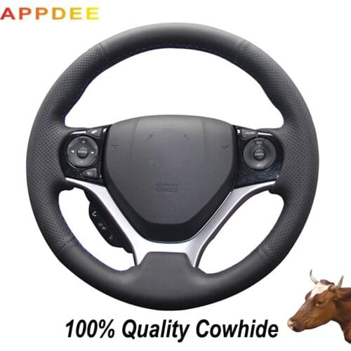 APPDEE Black Genuine Leather Car Steering Wheel Cover for Honda Civic 9 2012 2013 2014 2015