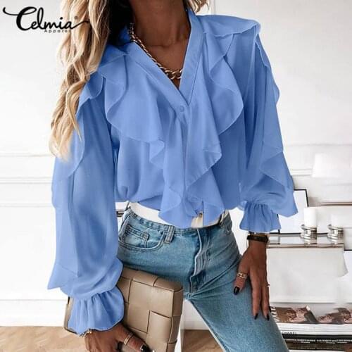 Celmia Elegant Womens Ruffled V-neck Shirts 2021 Fashion Long Flare Sleeve Tunic Tops Casual Loose Solid OL Blouses Plus Size