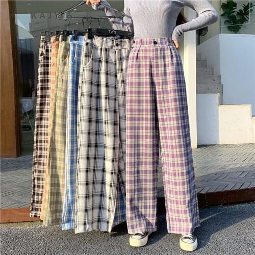 Women Vintage Plaid Pants Feamle Causal Long Loose Pants Women Streetwear Wide Leg Pants Plus Size Pants