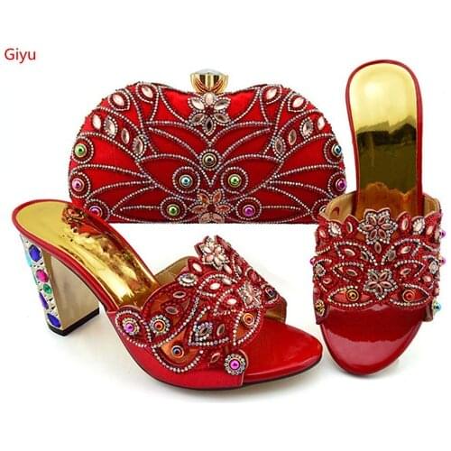 Doershow New African Ladies Stone Shoes And Bags Set For Wedding Italian Style Women Pumps 9.5CM Shoes And Bag Sets SKP1-15