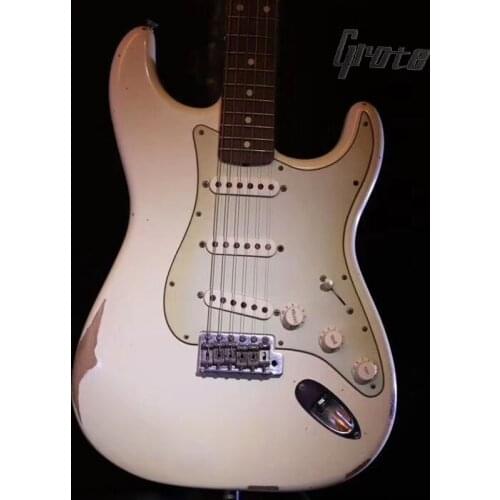 High quality relic electric guitar, white negative paint, alder body, maple rose fingerboard, hand carved, electric guitar