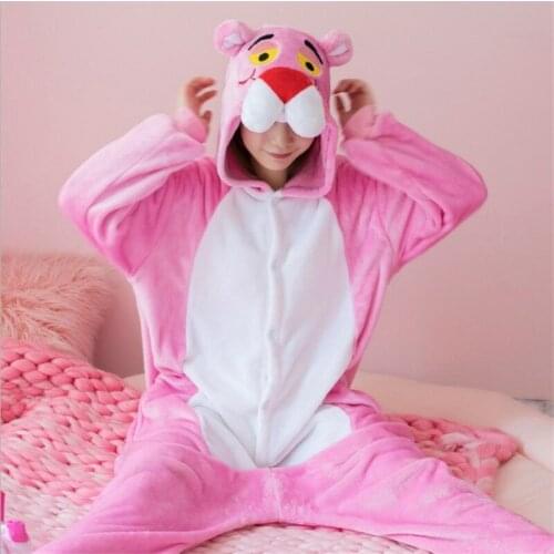 Winter Kigurumi Cute Pink Panther Woman Children Onesie Hooded Onesies For Adult Kids One-Piece Animal Pajamas Sleepwear Pijama
