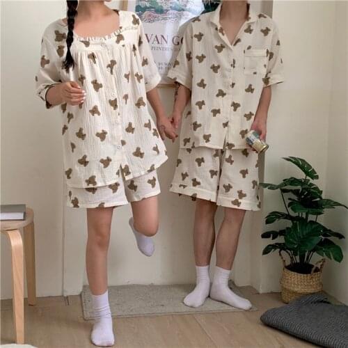 Sweet cartoon couple pajama set women sleepwear 2 piece set women men home clothes short sleeve summer sleepwear bear set Y805