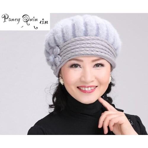 Beautiful women winter fur knitted hat Set flowers Caps Lady Headgear warm Beanies Womens Hats Rabbit Fur Knitted Beanies