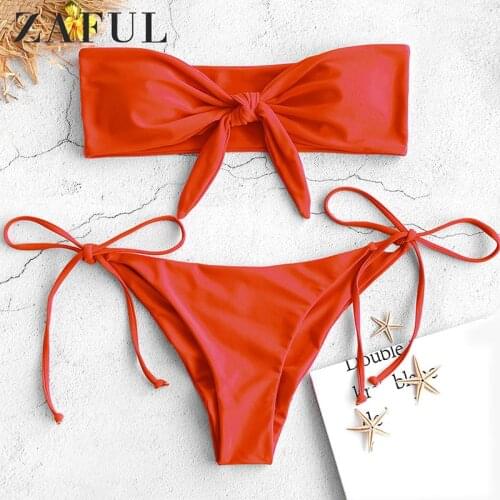 ZAFUL Floral Print Tie Bandeau Bikini Set Sexy Strapless High Waist Lace Up Women Brazilian Bathing Suit Swimwear Femme 2019