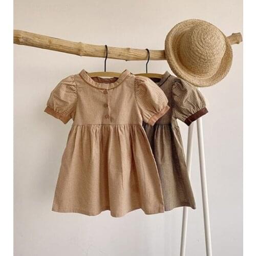 Baby Girls Summer Dress Children Muslin Clothes Vintage Casual Cotton Spanish Baby Plaid Dresses Korean Kid Girl Princess Frocks