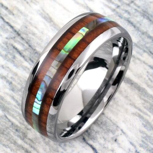 Fashion 8mm Mens Silvery Stainless Steel Ring Hawaiian Koa Wood Abalone Shell Inlay Dome Engagement Ring Mens Wedding Band