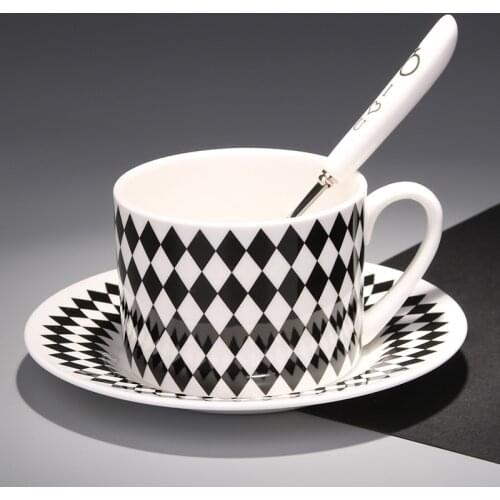 Black and white geometric bone China coffee cup and saucer set simple office European cup and saucer with spoon lunch cup, fashi