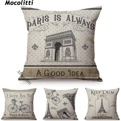 Retro Buildings Cushion Cover Vintage Eiffel Tower Pillow case Car Seat Cotton Linen Home Decor Bicycle Style Pillow Cover