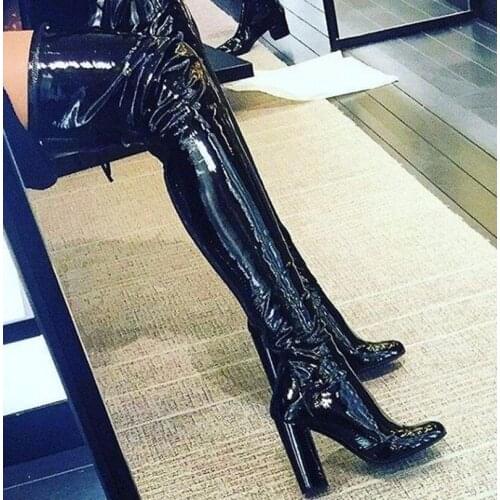 2018 New Fashion Over The Knee Patent Leather Woman Boots Round Toe Thick High Heels Thigh Woman Boots Nightclub Dress Shoes