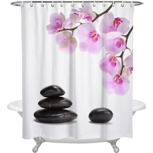 Orchid Black Stone Pink Flower White Shower Curtains Bathroom Curtain Waterproof Polyester Frabic Bathroom Curtain with Hooks