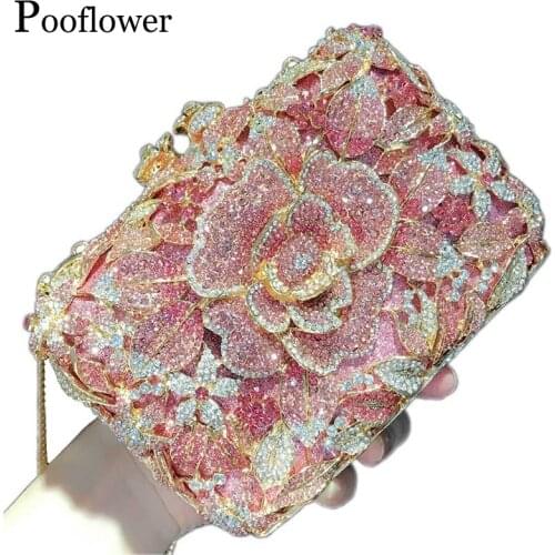 Pooflower sac mariage Pink Rhinestone Rose Flower Shape Wedding Clutch Purse Women Diamond Party Evening Hand Bags ZH415