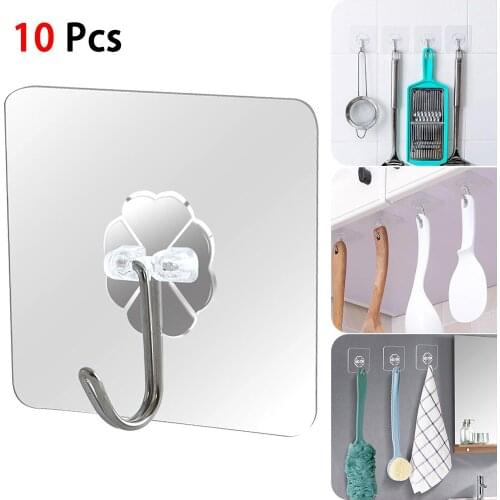 10Pcs Transparent Wall Hooks Waterproof Oilproof Self Adhesive Hooks Reusable Seamless Hanging Hook For Kitchen Bathroom Office