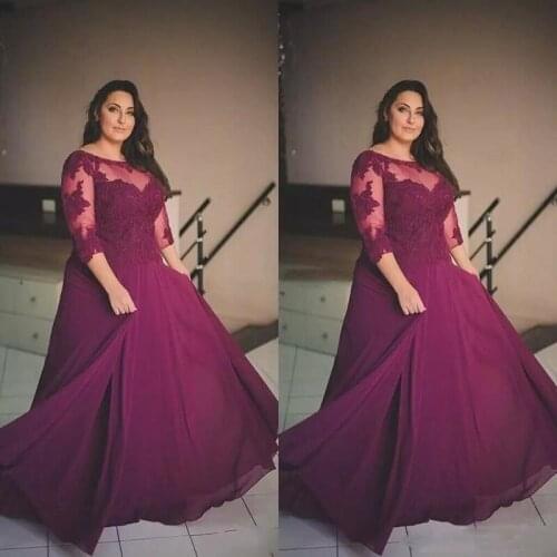Plus Size Burgundy Prom Dresses Lace Applique Half Long Sleeve Evening Gowns Sheer Neck Special Cheap Formal Party Dresses Custo