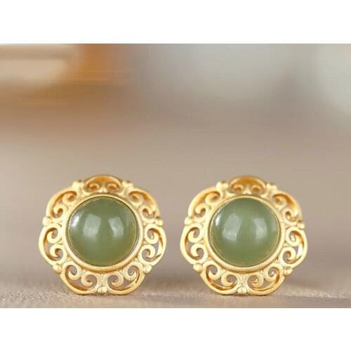 Palace Style Gray Jade round Studs Sterling Silver Gold-Plated Hollow Pattern Hetian Jade Earrings Exquisite Han Chinese Clothi