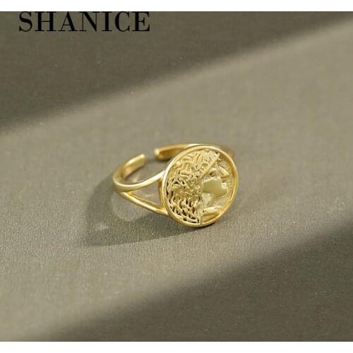 SHANICE 100% 925 Sterling Silver Open Ring Retro portrait geometric round card Party Girl Friend Gift Jewelry Accessories