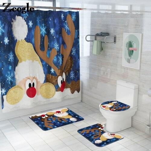 Cute Cartoon Christmas Bathroom Home Decoration Bath Mats Bathroom Carpet Rug Flannel Bath Mat Waterproof Polyester Bath Curtain