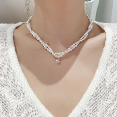VSnow Minimalist Double Layer Ntangled Pearl Rhinestone Pendant Necklace for Women Elegant Beaded Necklace Jewelry Accessories