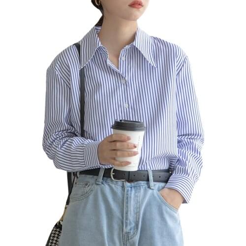 Women Blouses Blue Striped Lapel Button Cardigan Shirt Casual Long Sleeve Top Spring 2021 Plus Size